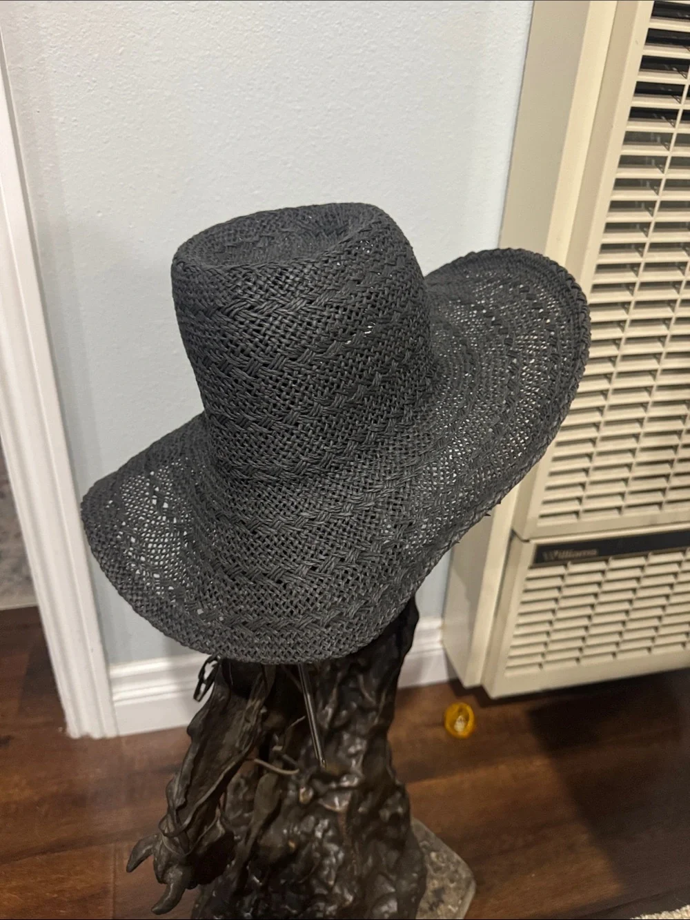 Black Woven Open-Knit Straw Sun Hat | Wide Brim Boho Festival⁠